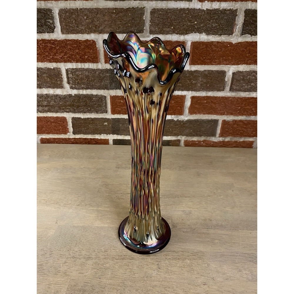 Vintage Fenton April Showers 12" Amethyst Carnival Glass Swung Vase